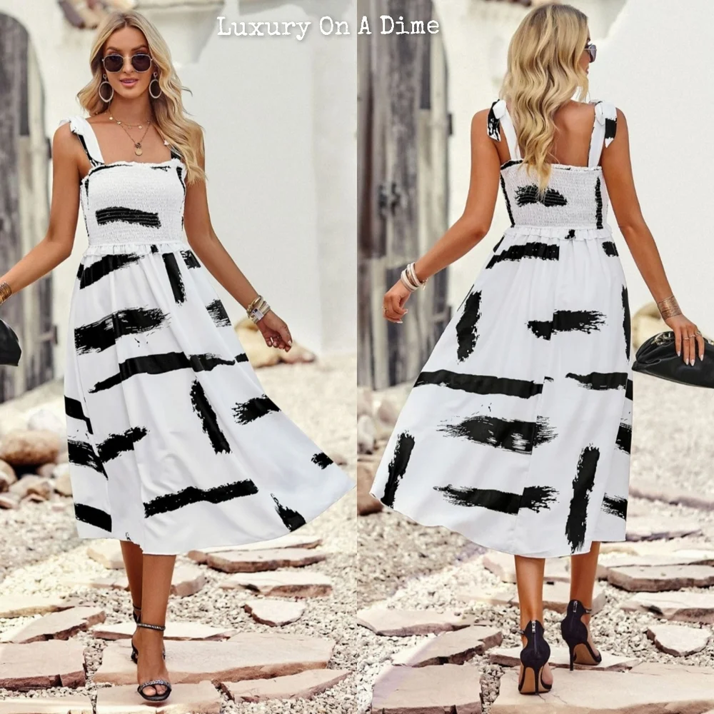 Contrast Paintbrush White Black Sleeveless Smocked Bodice Summer Midi Dress_7
